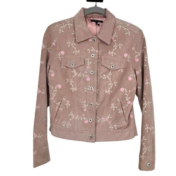 In Suede Women’s 100% Suede Embroidered Jacket Size M Pastel Pink Floral Boho - Picture 1 of 13